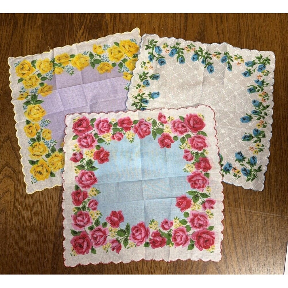 Lot 3 Vintage Floral Handkerchiefs Yellow Pink Blue Roses Scalloped Mid-Century